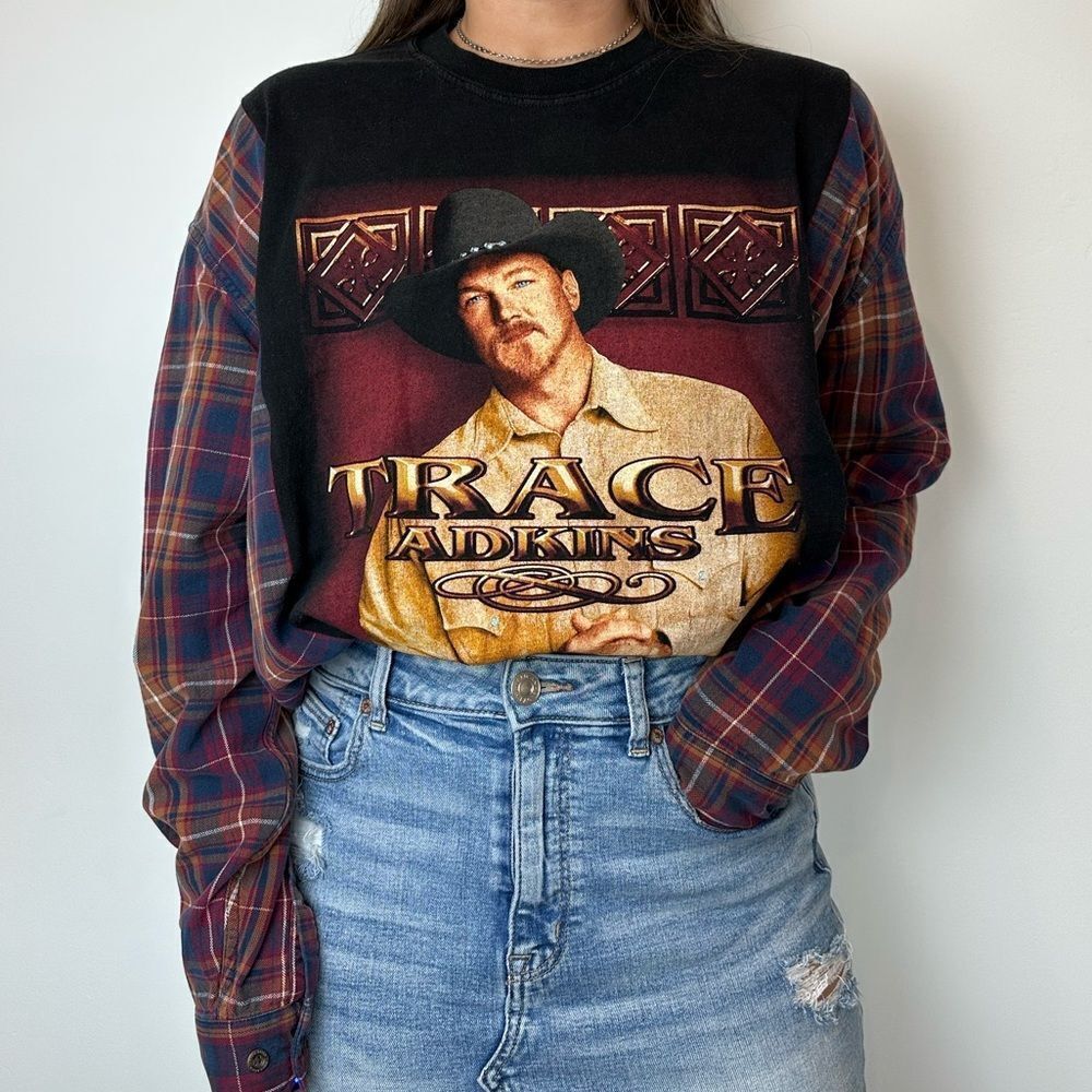 Reworked Trace Adkins Long Sleeve Plaid Relaxed Western Tour Band Shirt Top